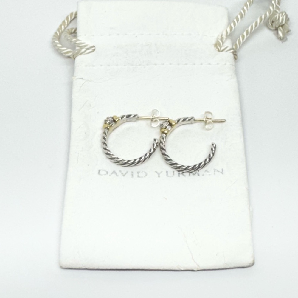 David Yurman Petite Diamond Ball Semi Hoop Earrings .925 / 18K Gold - Picture 11 of 11